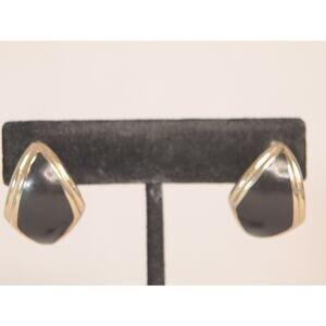 Monet Curved Stud Earrings Pierced Black Matte Enamel On Gold Tone Metal